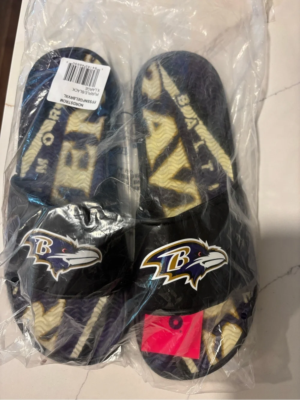 Nordstrom Purple and Black Logo Slide Sandals